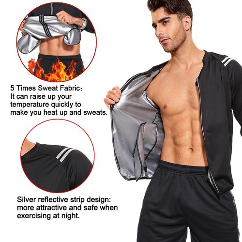 NINGMI Sauna Jacket for Men Sweat Suit Long Sleeve Shirt Workout Zipper Slimming Gym Body Shaper