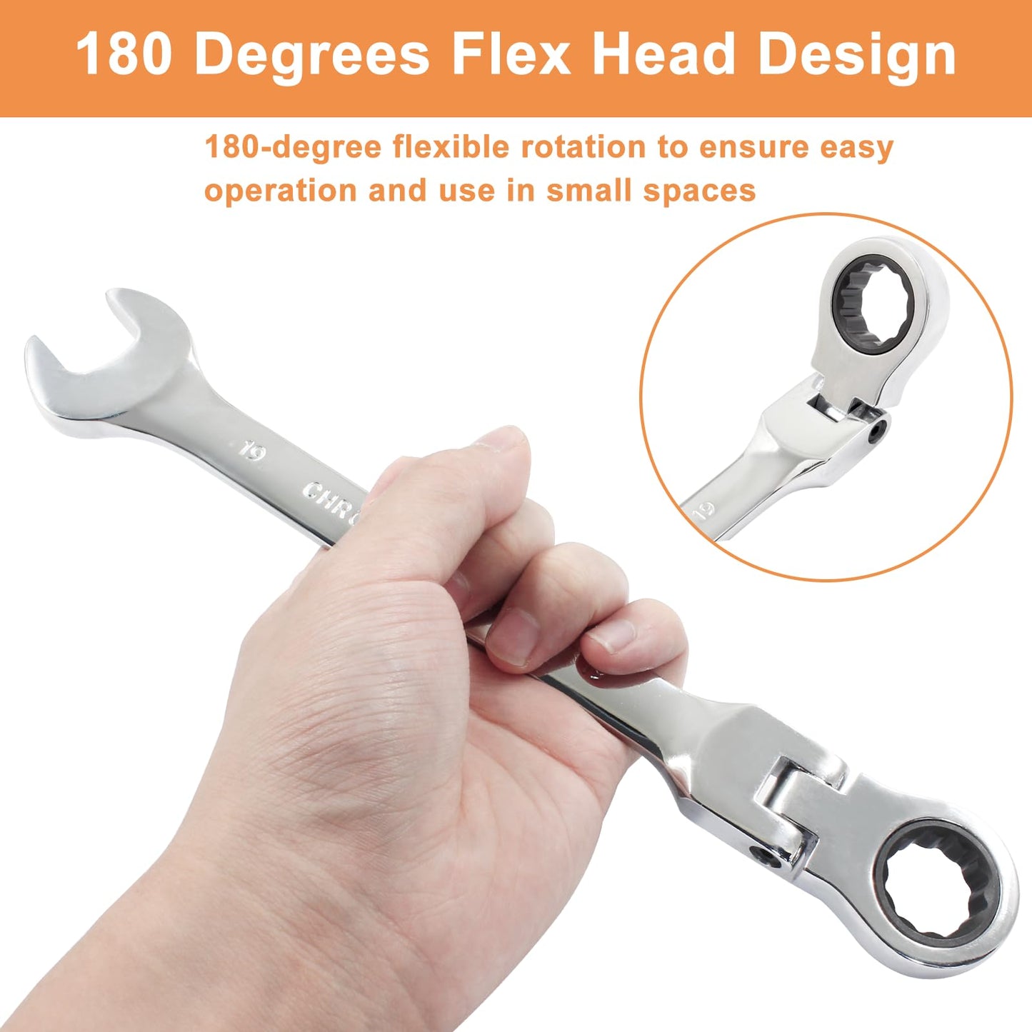 Piutouyar 19mm Flex-Head Ratcheting Wrench, Professional Metric Ratchet Wrench Combination Wrench Box Ended Spanner Tool for Projects Repair(5° Movement and 72 Teeth 12 Point, CR-V)