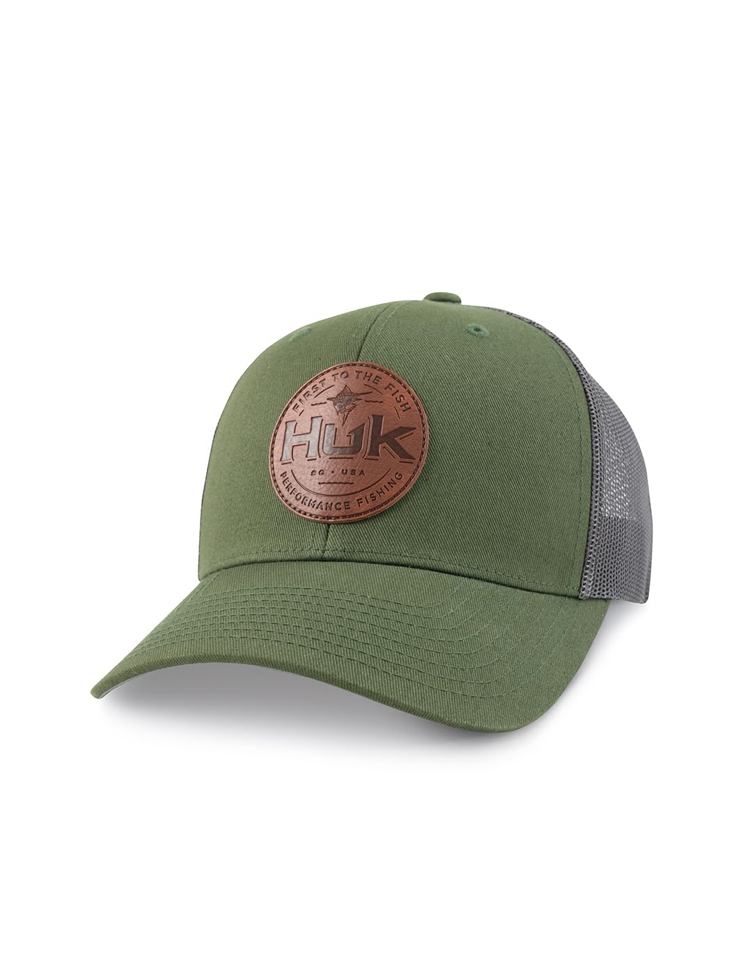 HUK Mens Trucker Hat, Anti-Glare Snapback Fishing Hat for Men, Leather Patch - Moss, One Size