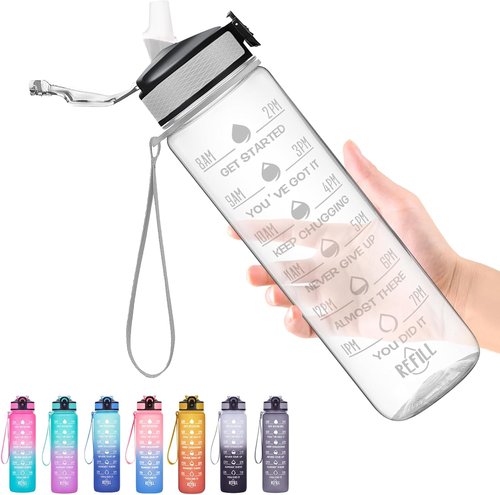 Hyeta 32 oz Motivational Water Bottle - Time Marker & Straw | Leakproof Fitness Hydration
