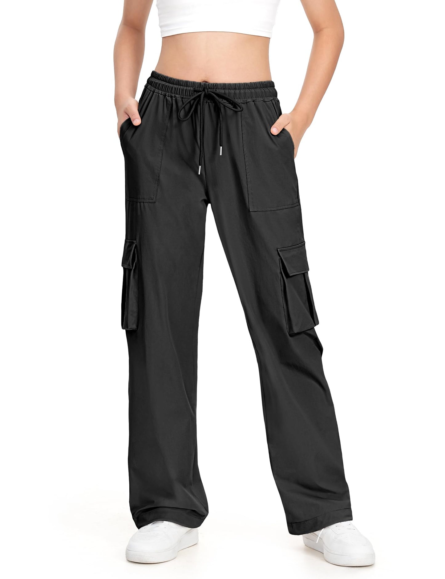HASMES Girls Cargo Pants Kids Lightweight Hiking Pants Water Resistant Joggers with Pockets 7-15Y Black
