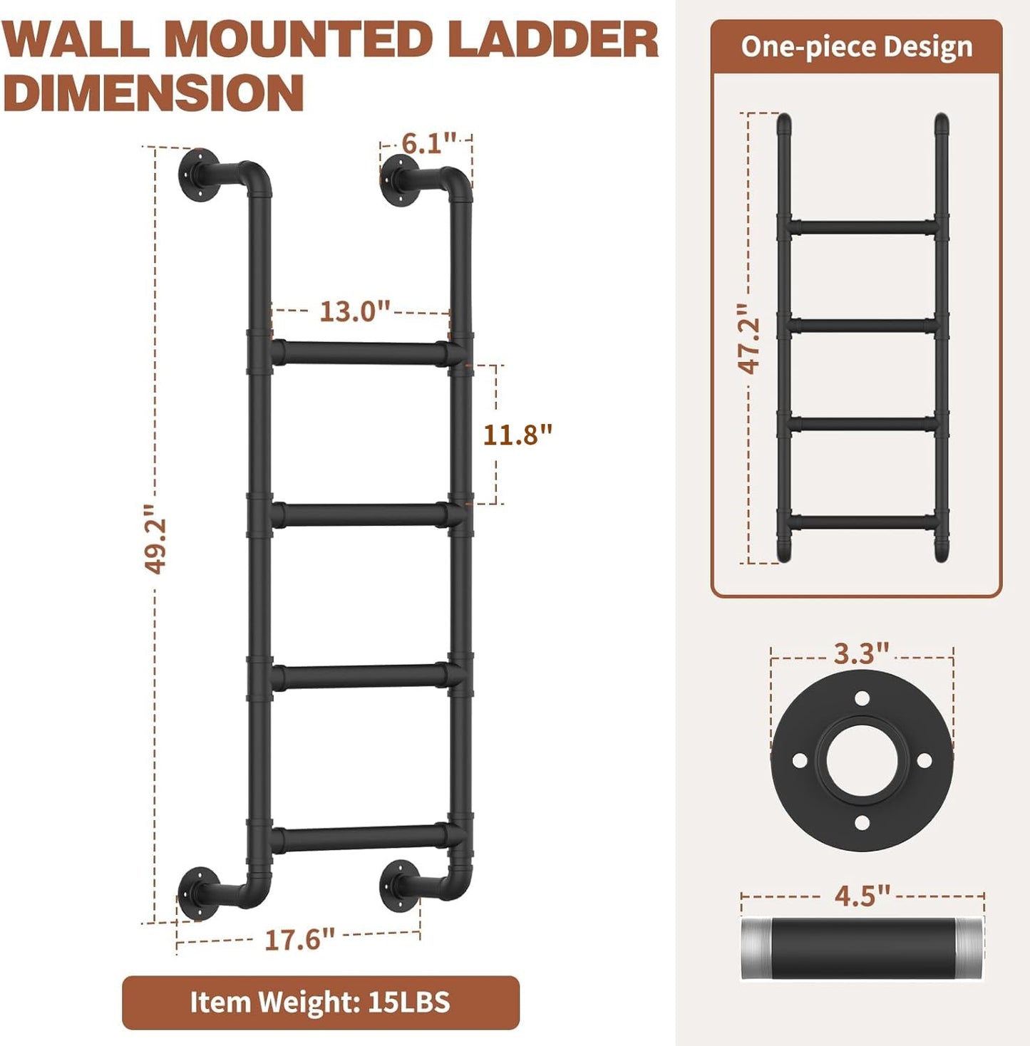 4-Rung Wall Mounted Metal Step Ladder, Basement Window Well Egress & Fire Emergency Escape Ladder, for High Entrance Attic Egress Ladder, Bunk Bed Climbing(355LBS Load Capacity, Matte Black)