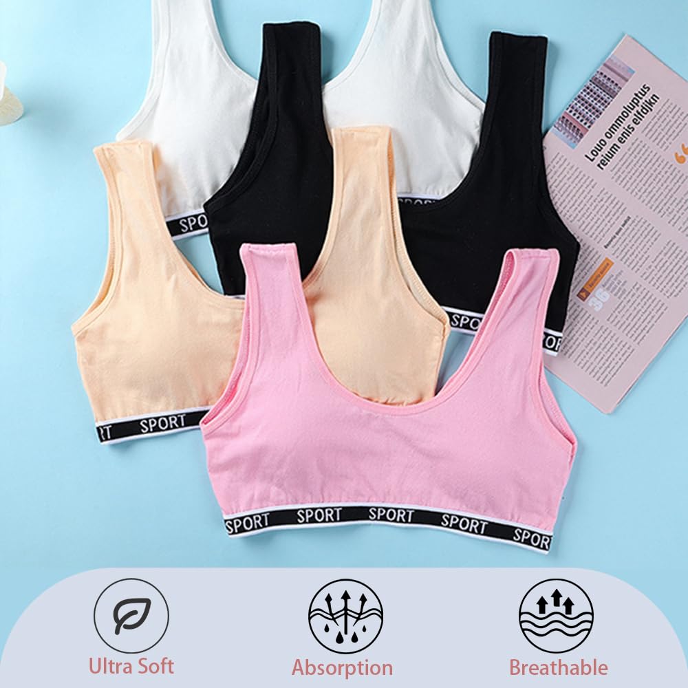 YoBeLove 5 Pack Girls'Cotton Sports Bra with Removable Pads Comfort Wireless Underwear for Teens 12-15 Years Multicolor