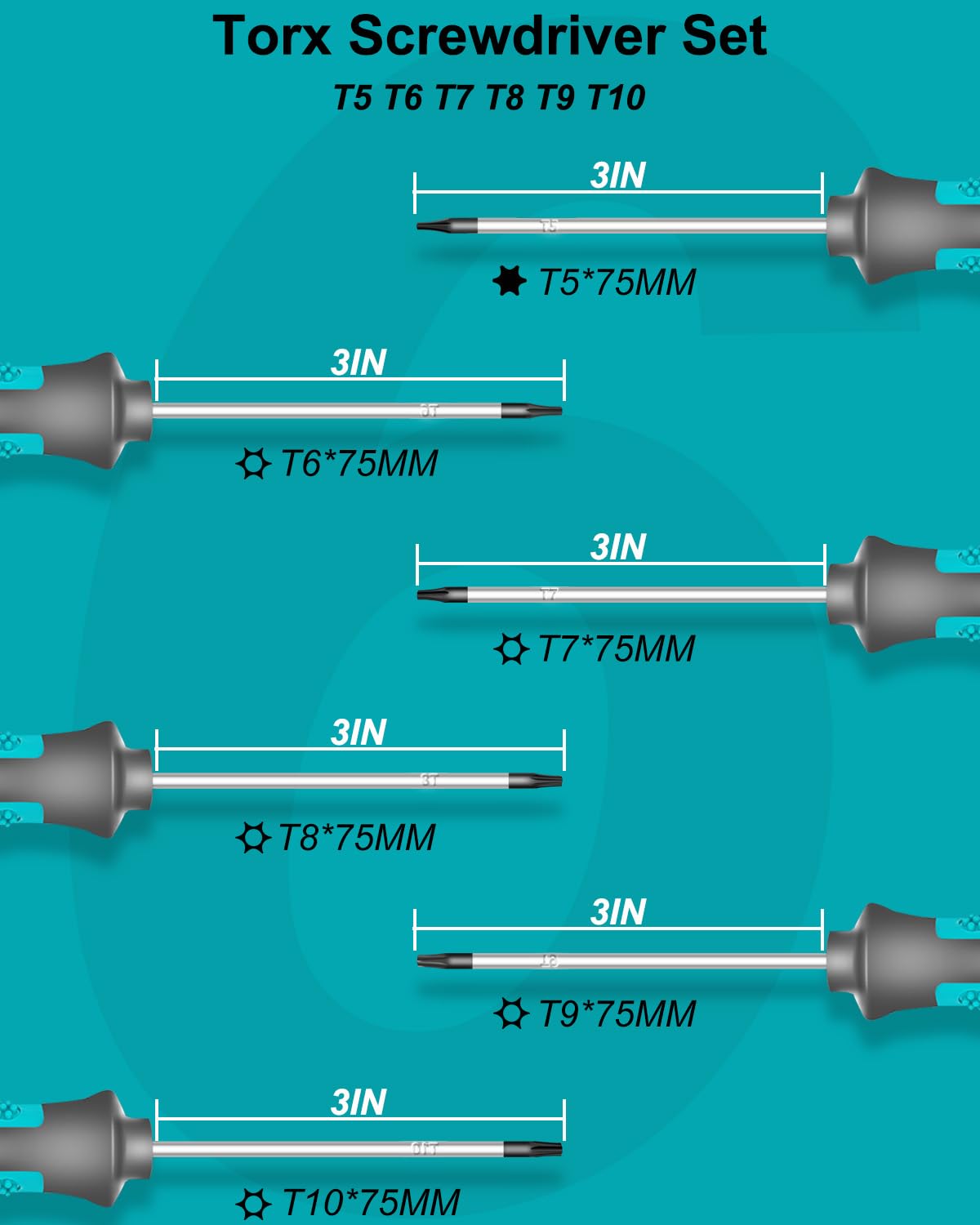 Tcwous Torx Screwdriver Set, 6-Piece Small Star Screwdriver Set with T5, T6, T7, T8, T9, T10 Mini Security Torx Screwdrivers, Professional Non-Slip Cushion Grip Magnetic Screw Driver Set Kit (Green)
