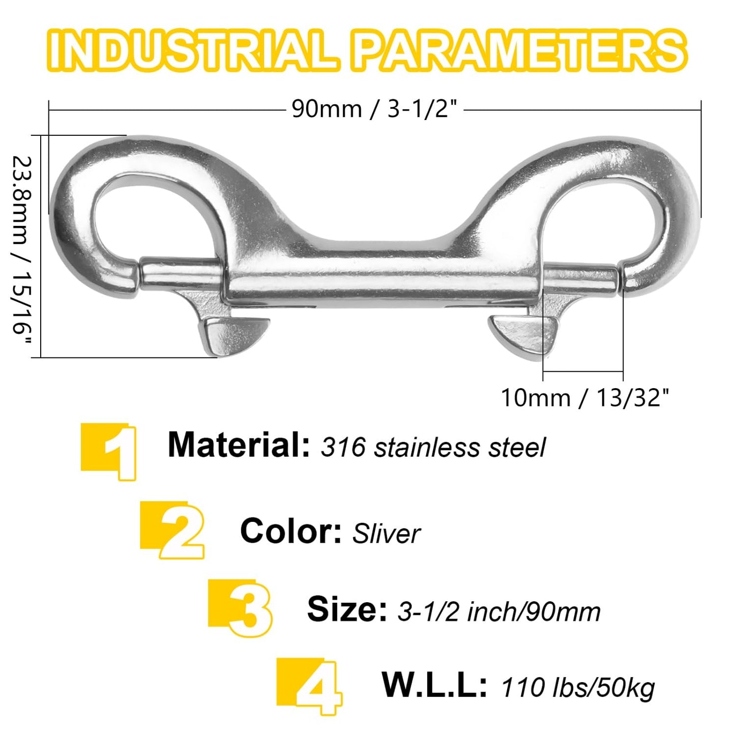 YUEARN Double Ended Bolt Snap Hook, 2-Pack 3-1/2 in 316 Stainless Steel Marine Grade Double End Trigger Snaps Metal Clips for Dog Leash, Key Chain, Horse Tack, Pet Feed Buckets, Diving
