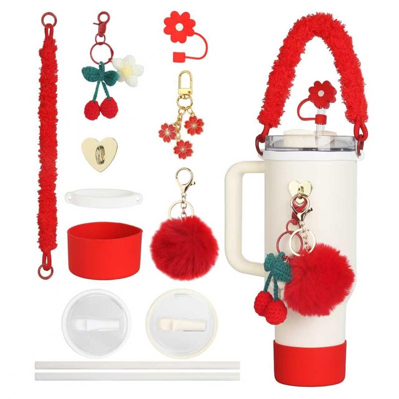 GLOBNGIAO Stanley Cup Accessories Set, Including 2pcs Flip Straw 40oz lids, 2pcs Reusable Straws, Tumbler Strap, Plush Pendant, Silicone Boot, Straw Cover, Charms, for Stanley Cup 40oz (Red)