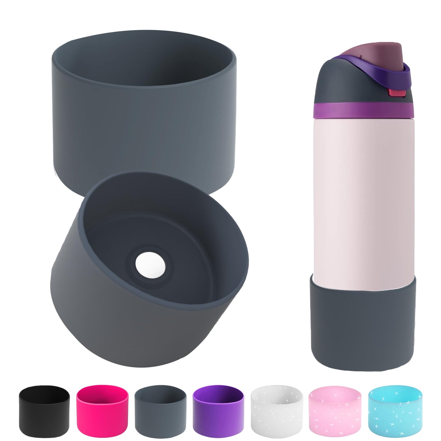 AESKEIA 2PCS Silicone Water Bottle Boot for Owala 24oz 32oz 40oz,Anti-Slip Protective Sleeve Bottom Bumper Protector for FreeSip, Twist, and Flip Stainless Steel Water Bottles (Grey, 24oz)
