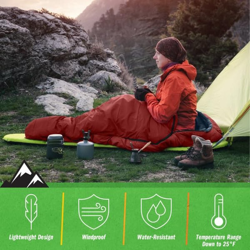 Mummy Sleeping Bag - Adult Cold Weather Sleeping Bag Rated to 25°F - Waterproof with Drawstring Hood - Camping Equipment by Wakeman Outdoors (Red)
