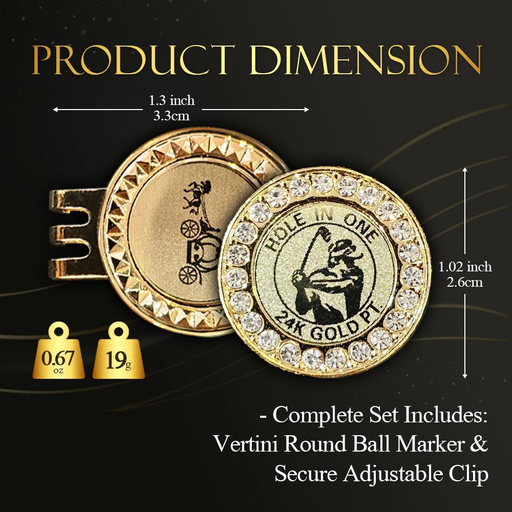 Vertini 24K Gold Plated Golf Ball Marker with Magnetic Hat Clip - Luxury Golf Gifts for Men, Unique Golf Accessories for Dad, Boss, Husband, Unique Golf Gifts for Men Who Have Everything [ Crystal ]