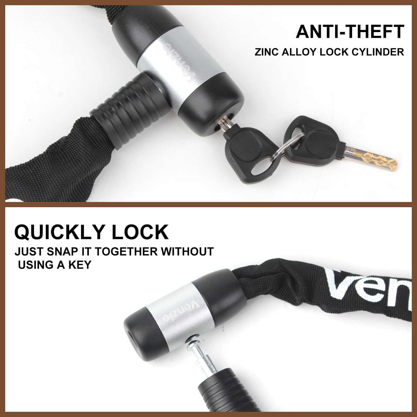 Venzio Bike Chain Lock, 3FT (900mm) Heavy Duty Anti-Theft Bicycle Lock with 2 Keys, 6mm Thick Steel Chain, Waterproof Sleeve and Zinc Alloy Core, Ideal for Scooter, Fence, Gate, Motorcycle