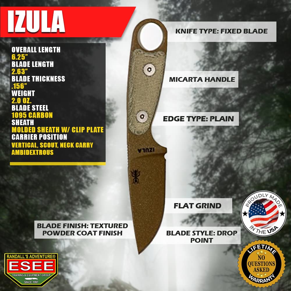 ESEE Knives Izula-DE w/Handle, Molded Polymer Sheath, and Clip Plate
