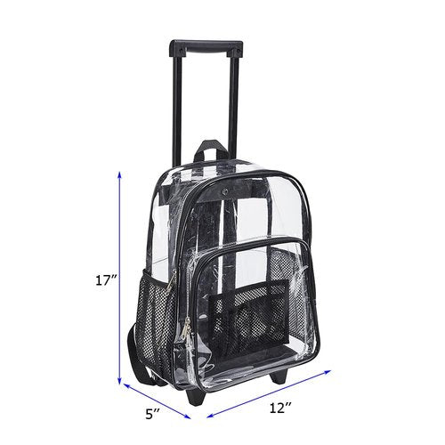 Clearworld Rolling Clear Backpack, Heavy Duty Cold-Resistant Security Transparent PVC Backpack with Wheels (Black)