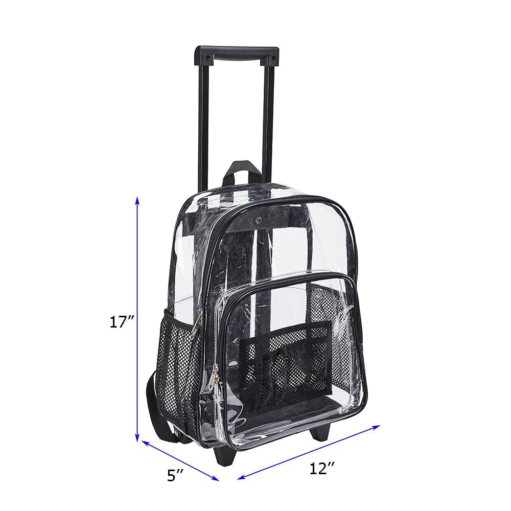 Clearworld Rolling Clear Backpack, Heavy Duty Cold-Resistant Security Transparent PVC Backpack with Wheels (Black)