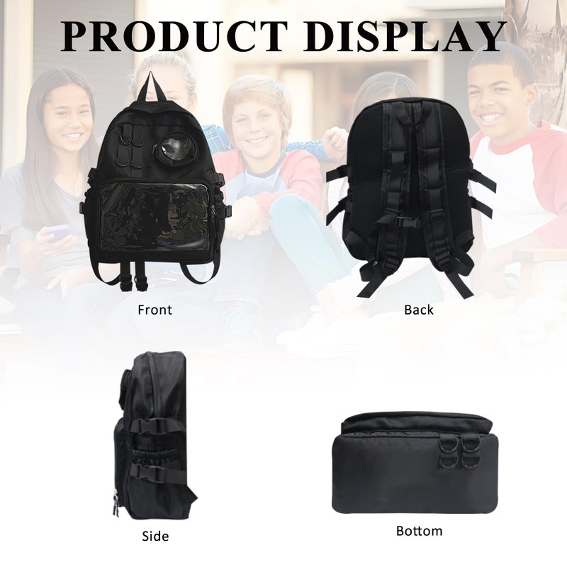 MOVOYEE Backpack for Men Travel Women Work Hiking Casual Daypack Backpacks Teens Girls Boys Kids BookBag,Anti Theft Carry On Clear Backpack,Cute Ita Bag with Pin Display Adjustable Strap Black