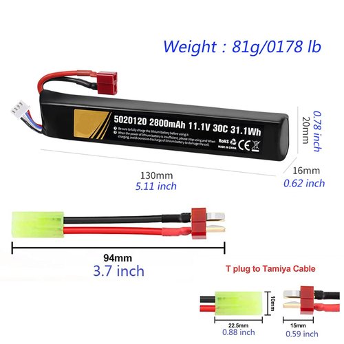 11.1V airsoft batteries 30C 2800mAh lipo battery airsoft T Plug with USB Charger T Plug to Mini Tamiya Cable Rechargeable Batteries for Airsoft gun Model splatrball gel blaster accessories-2pcs