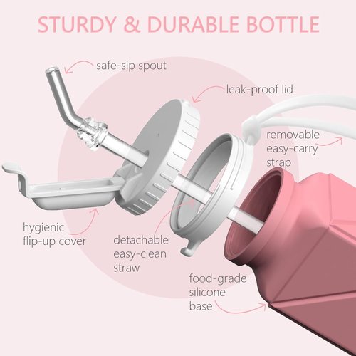 Beautail Collapsible Water Bottle - 20.6oz Silicone Portable & Leakproof for Travel, Camping, Yoga (Pink)