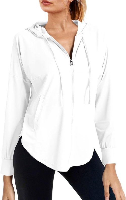 Fisoew Women's Athletic Hoodie Jacket - Lightweight Zip-Up with UPF 50+ Sun Protection | Long Sleeve Workout Top