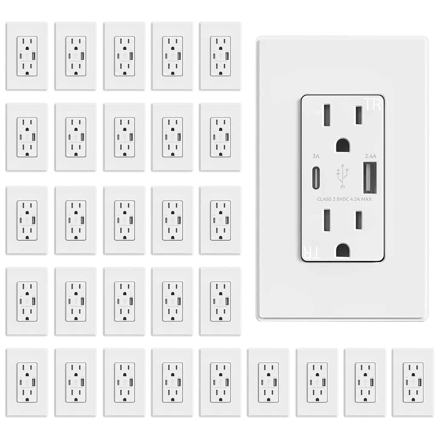 USB Wall Charger Outlet with A & C Ports - 15A Tamper Resistant, UL Listed, 6 Pack, Light Almond
