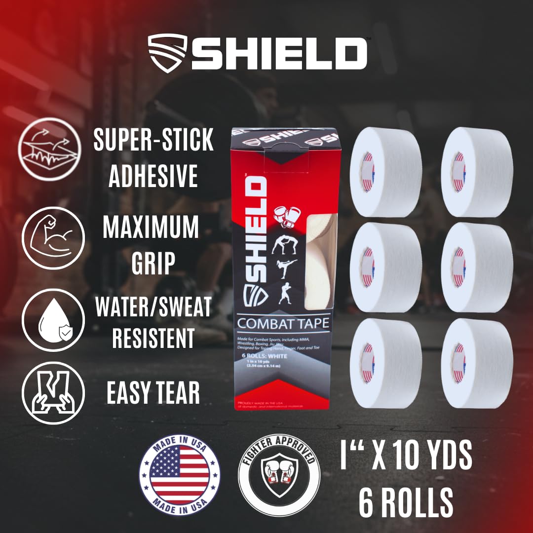 SHIELD Combat Tape | Boxing Tape for Hands, USA Made, Athletic Tape 1 inch, Easy-Tear, 1" Inch x 10 Yards, 6 Pack, Boxing MMA, Muay Thai, White