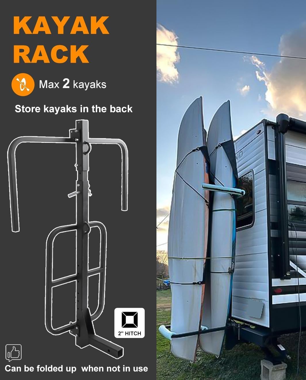Skiennix RV Hitch Mount Kayak Rack - Height Adjustable Vertical Carrier for 2 Kayaks up to 12' & 150LBS