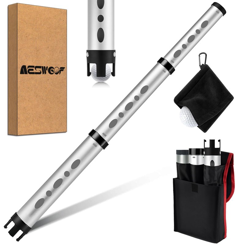 AESWGOF Golf Ball Picker Upper Tube, Durable Aluminum Alloy Golf Ball Retriever, Holds 24 Golf Balls, with Carry Bag, Ball Towel & 2 Secure Twist-On Caps