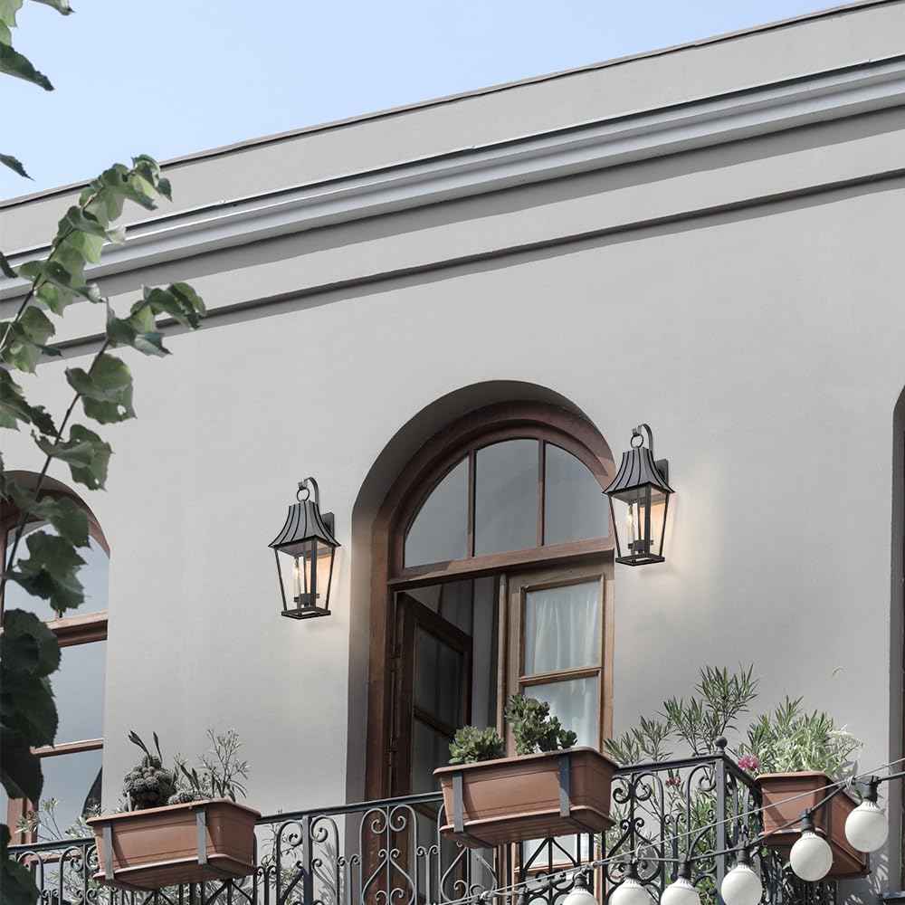 Large Outdoor Wall Sconce, Mate Black Exterior Light Fixtures for House, Waterproof Outside Porch/Patio Lights Wall Mount, with Clear Glass, White Candelabra, Perfect for Garage, Entryway