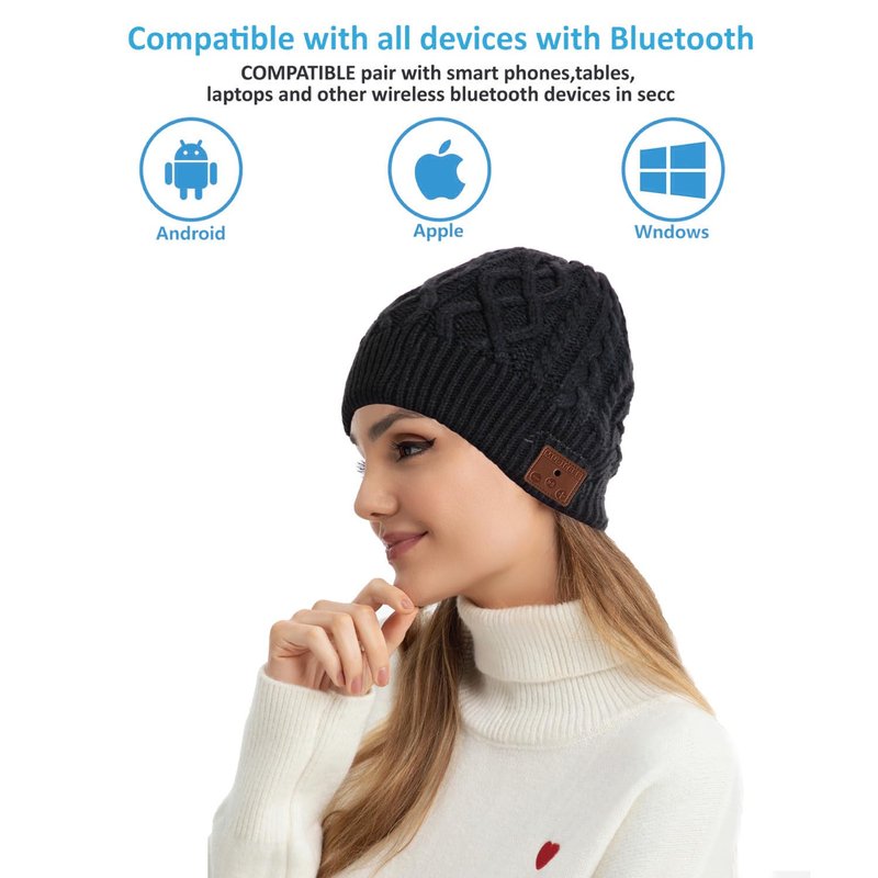 MUSICBEE Bluetooth Beanie，Bluetooth V5.2, 30 Hour Play time, Built-in Microphone and HD Stereo Speakers, Wool Lined for Outdoor Homes and Gifts - Neutral(Black