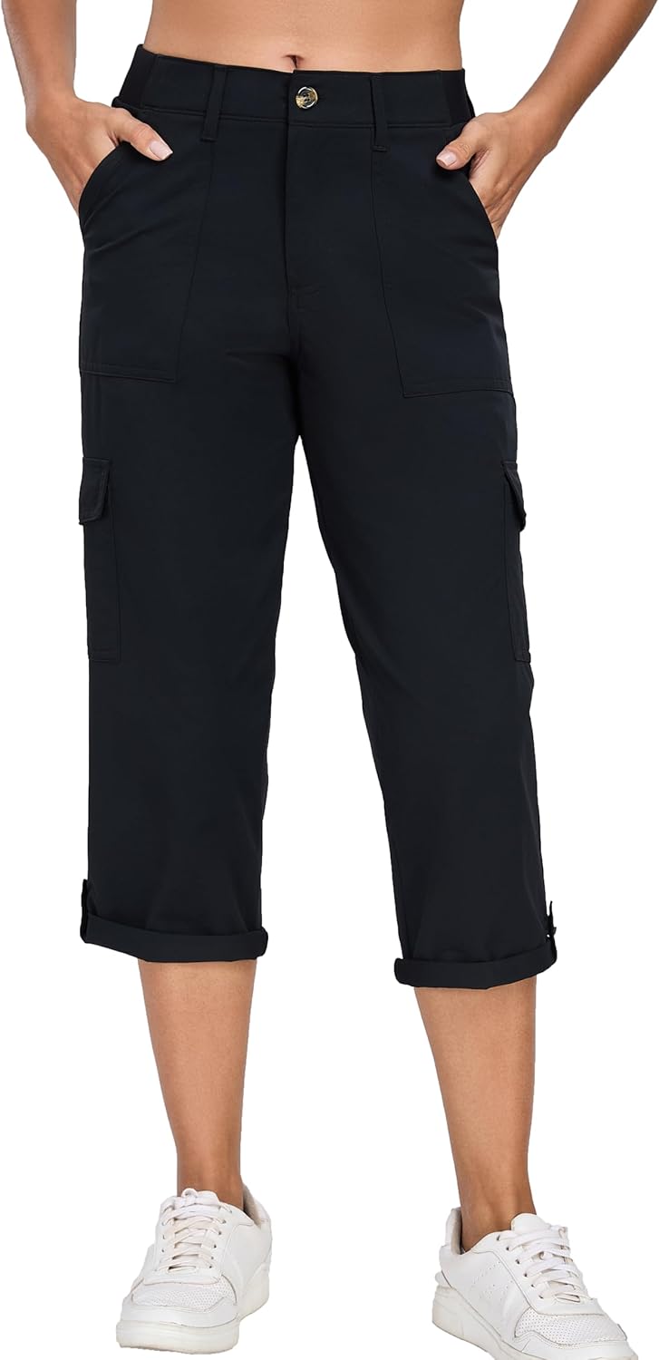 Oalka Women's Cargo Capri Pants - Relaxed Fit Knit Waist for Casual Hiking | Stylish Cropped Design