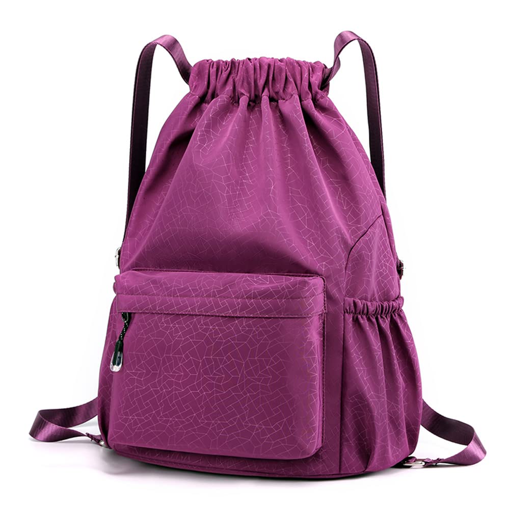 HOLYLUCK Drawstring Backpack Sports Gym Bag Water Resistant String Bag Cinch Sackpack with Side Zipper Pocket for Shopping Sport Yoga-purple