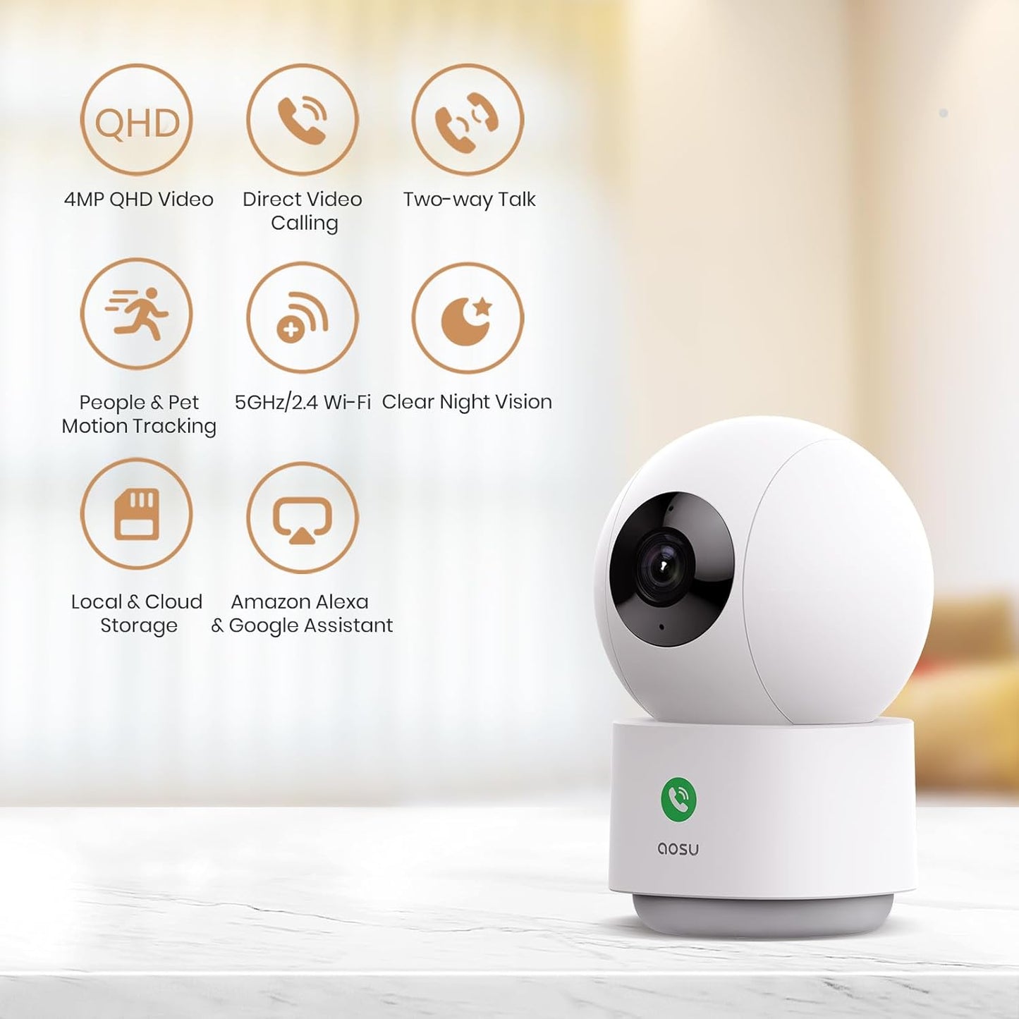 4MP AOSU Indoor Security Camera - 2.5K Baby & Pet Monitor with 360° View, WiFi, Night Vision & Alexa Compatibility