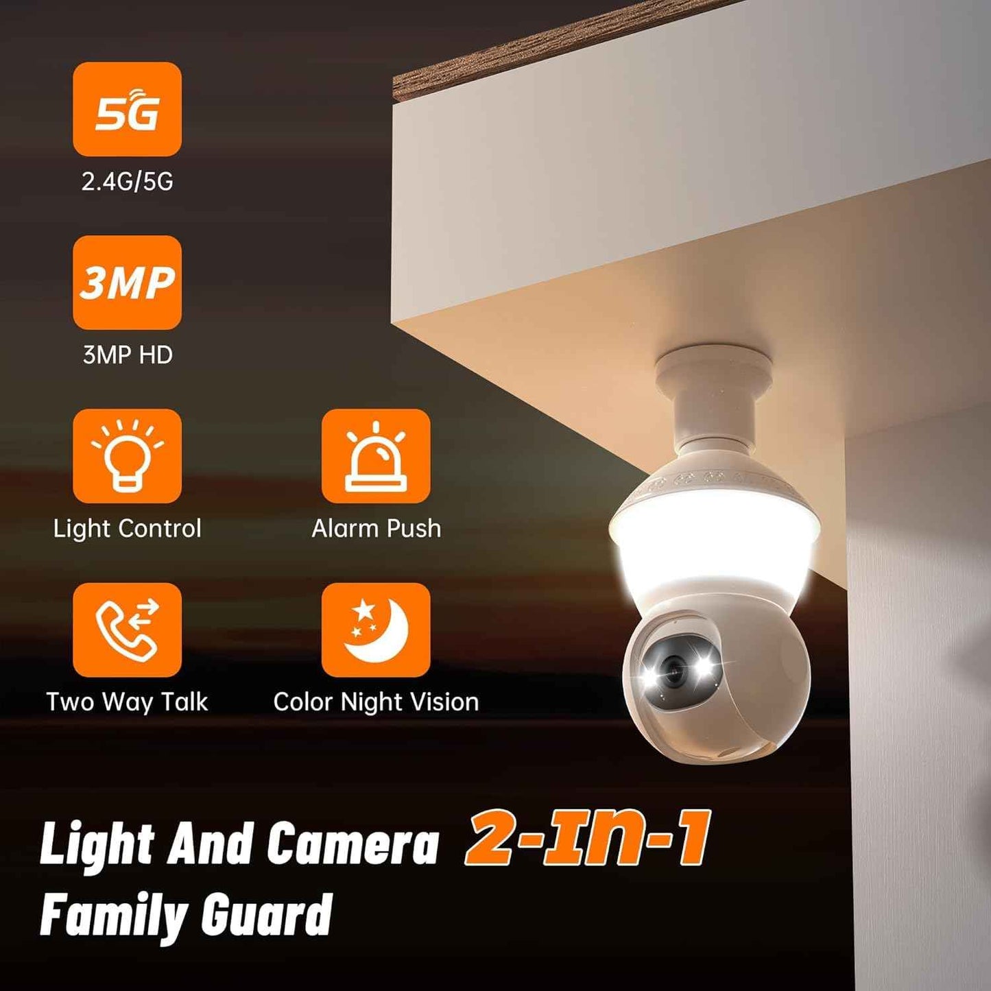 Light Bulb Security Camera, 2.4G/5GHz WiFi 2K Security Cameras Wireless Outdoor Indoor,Bulb Cameras for Home Security,AI Human Detection,Siren Alarm,2 Way Talk,Color Night Vision,Compatible with Alexa
