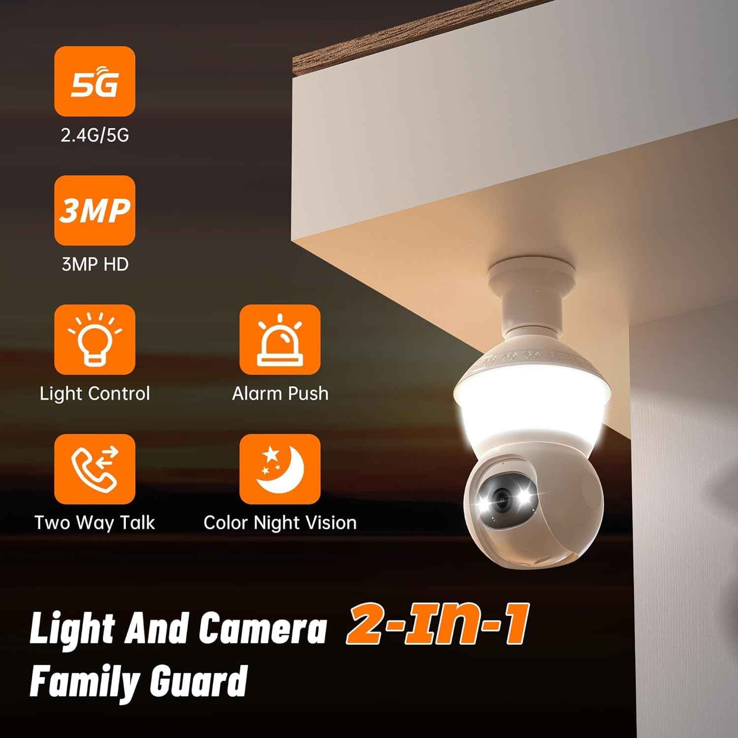 Light Bulb Security Camera, 2.4G/5GHz WiFi 2K Security Cameras Wireless Outdoor Indoor,Bulb Cameras for Home Security,AI Human Detection,Siren Alarm,2 Way Talk,Color Night Vision,Compatible with Alexa