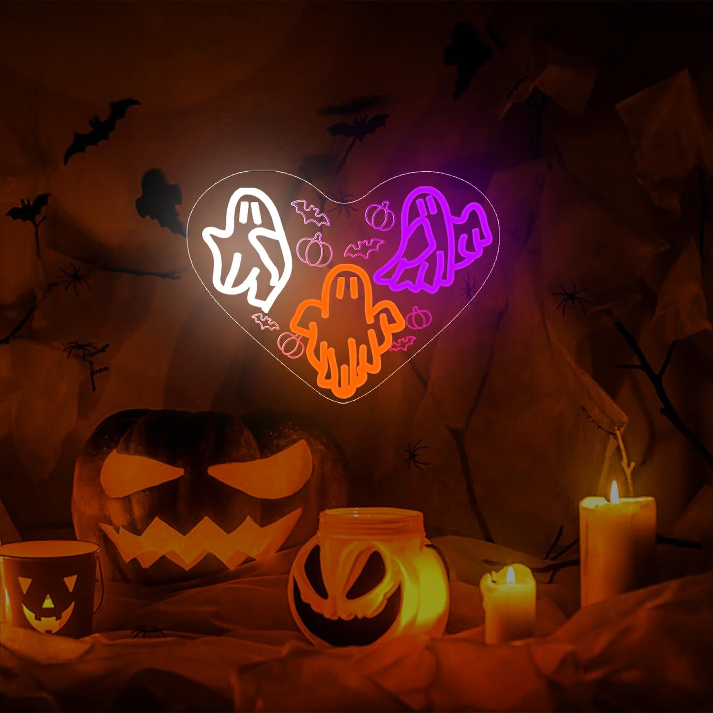 Halloween Neon Nign Ghost Neon Sign for Wall Decor Dimmable Halloween Led Sign Halloween Neon Light Up Sign for Bedroom Kids Room Living Room Halloween Decor