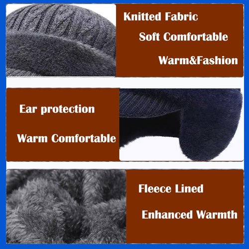 JHDESSLY Winter Beanie with Brim Ear Flaps for Men Women, Warm Fleece Lined Knit Hat Stocking Caps for for The Cold Weather Black