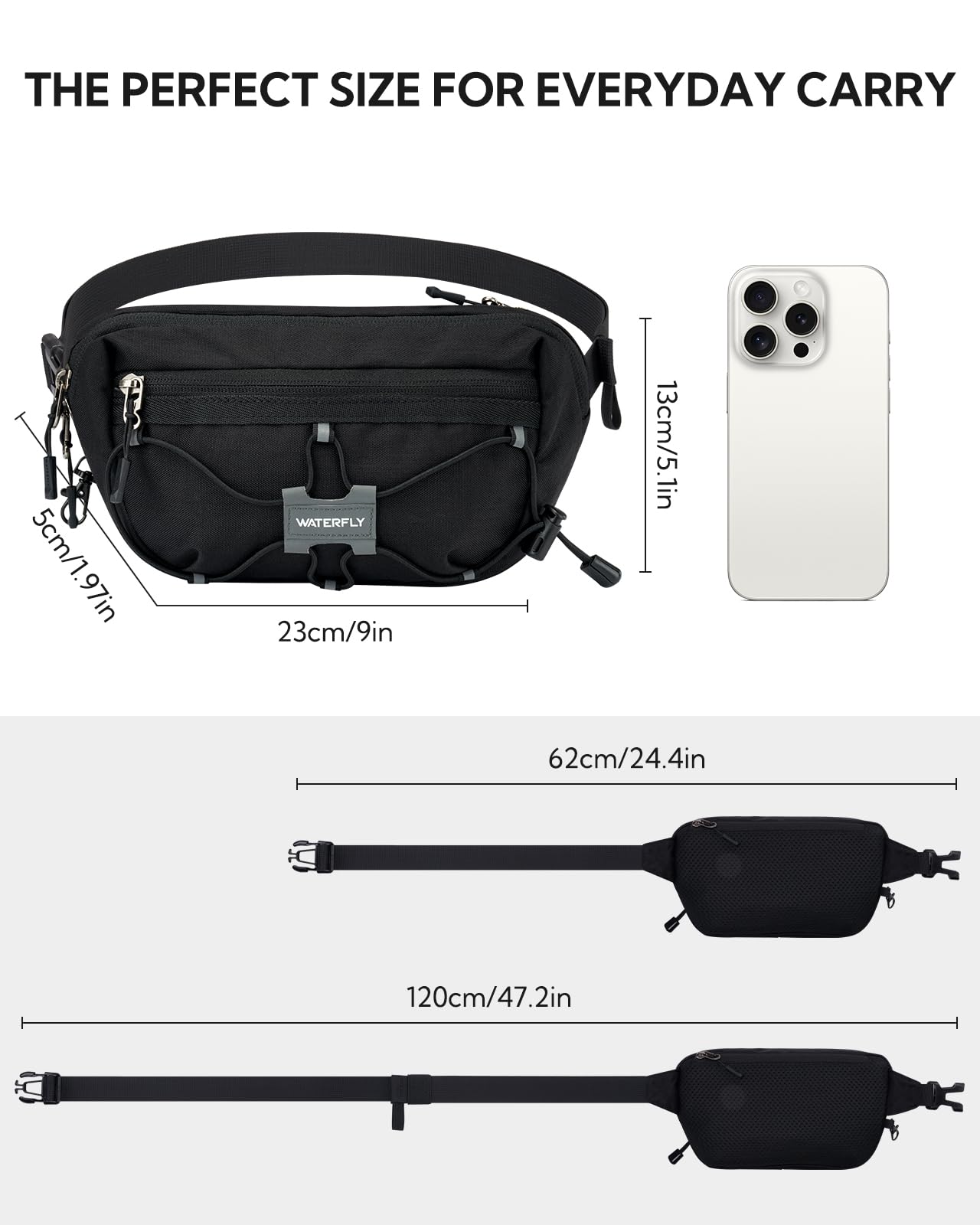 WATERFLY Lightweight Small Fanny Pack: 1.5L Mini Slim Crossbody Waist Belt Hip Bag with RFID Blocking, Anti-Theft & Water Resistant Pouch for Women Men Travel Hiking Running Walking EDC