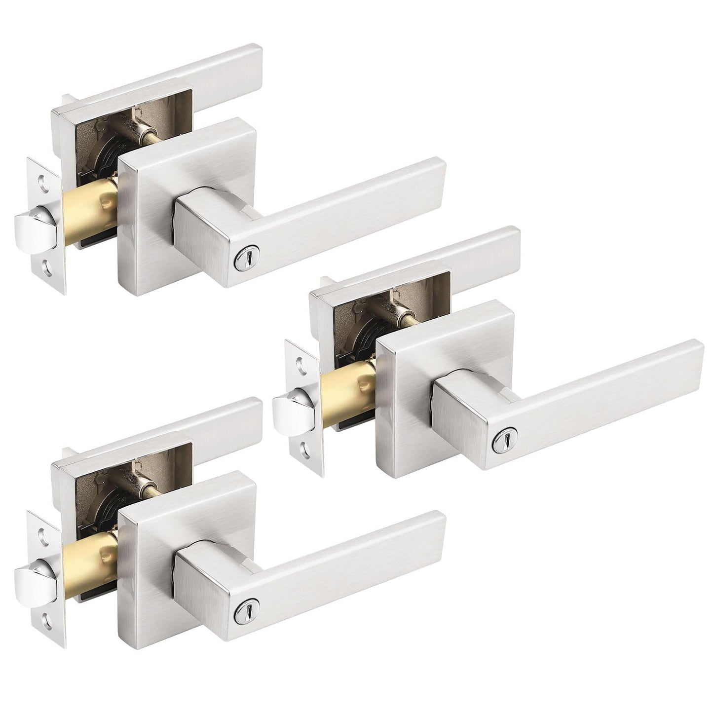 Gobrico Square 3 Pack Satin Nickel Privacy Door Locksets,Square Interior Door Levers for Bed/Bath,Thumb-Turn Button Inside