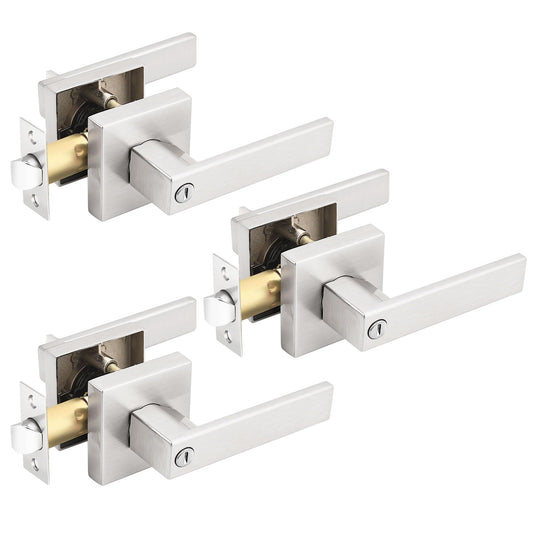 Gobrico Square 3 Pack Satin Nickel Privacy Door Locksets,Square Interior Door Levers for Bed/Bath,Thumb-Turn Button Inside