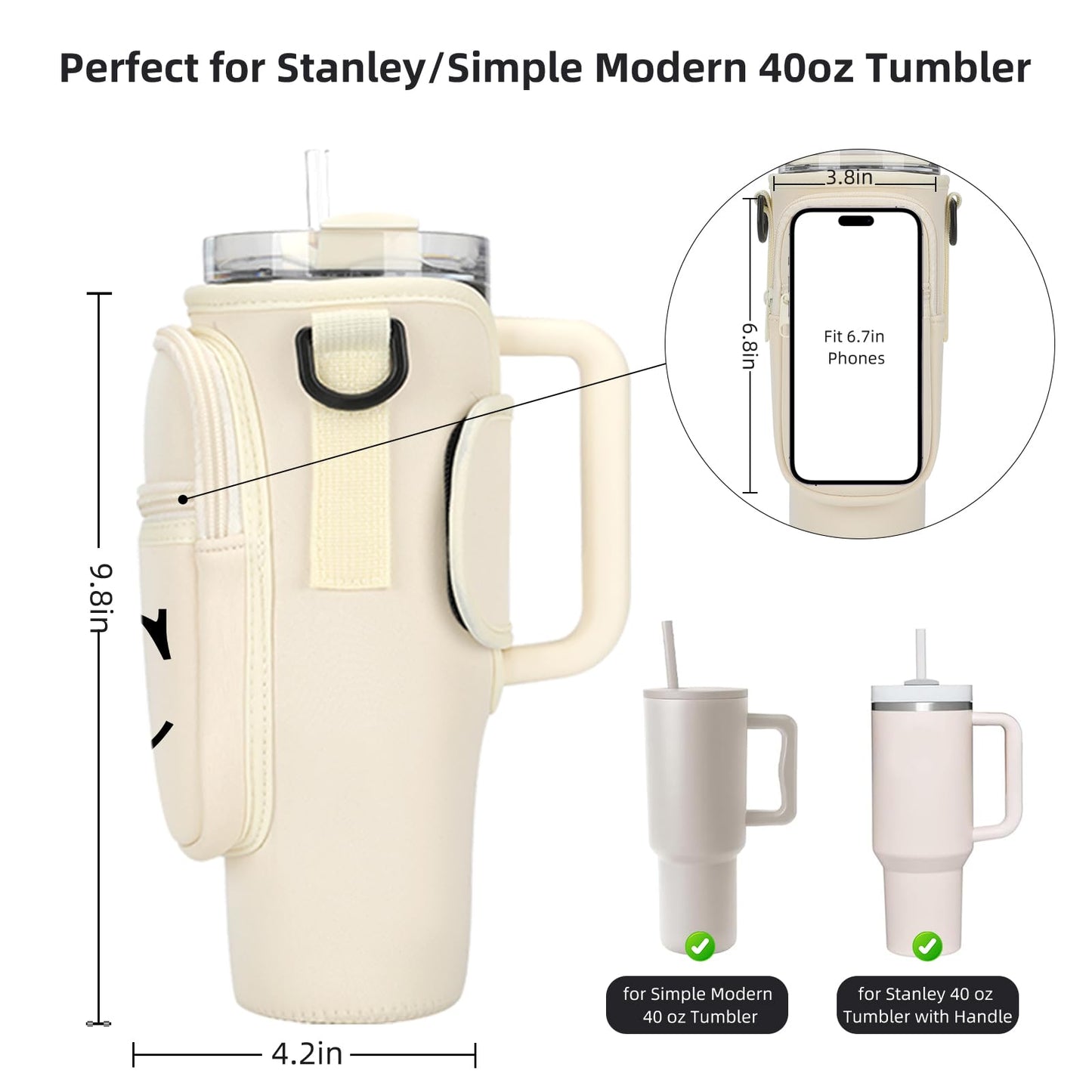 GOEWY Initial I Water Bottle Carrier Bag for Stanley 40 oz Tumbler with Handle Adjustable Strap Phone Pocket Neoprene Water Bottle Pouch for Stanley Cup Accessories