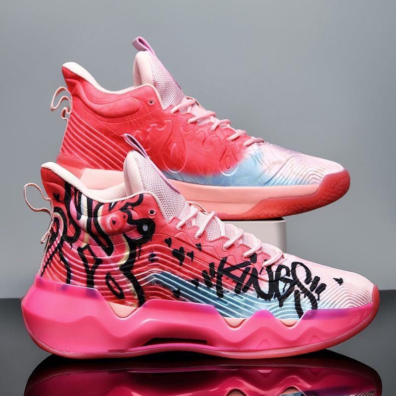 Bacury Colorful Basketball Running Sneakers for Women & Men - Pink Red Variation