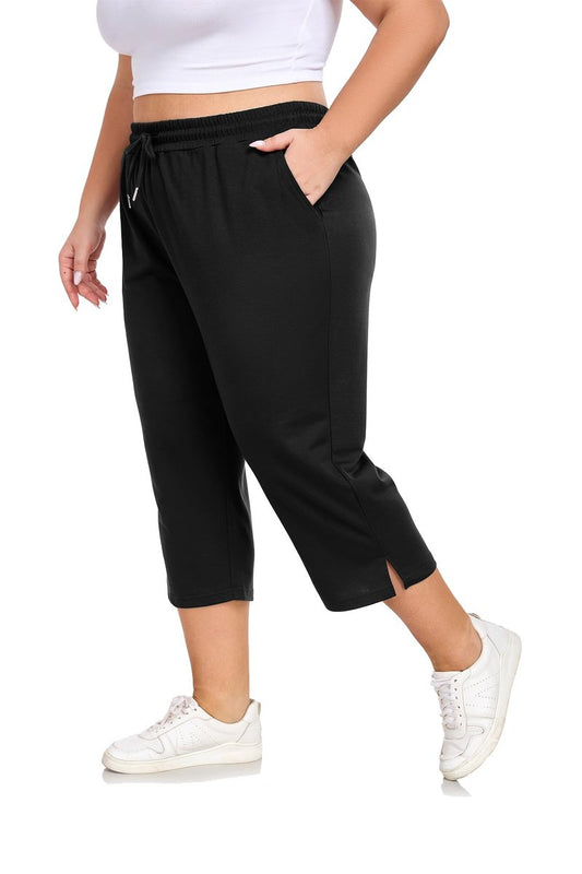 ForHailey Plus Size Capri Pants for Women Wide Leg Loose Yoga Pants with Pockets Casual Drawstring Activewear Sweatpants Black XX-Large