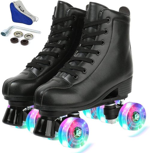 Jessie Leather Roller Skates - Adjustable Four-Wheel Premium Skates for Women, Men, Boys & Girls (Flash Wheel, Women's 8/ Men's 6.5)