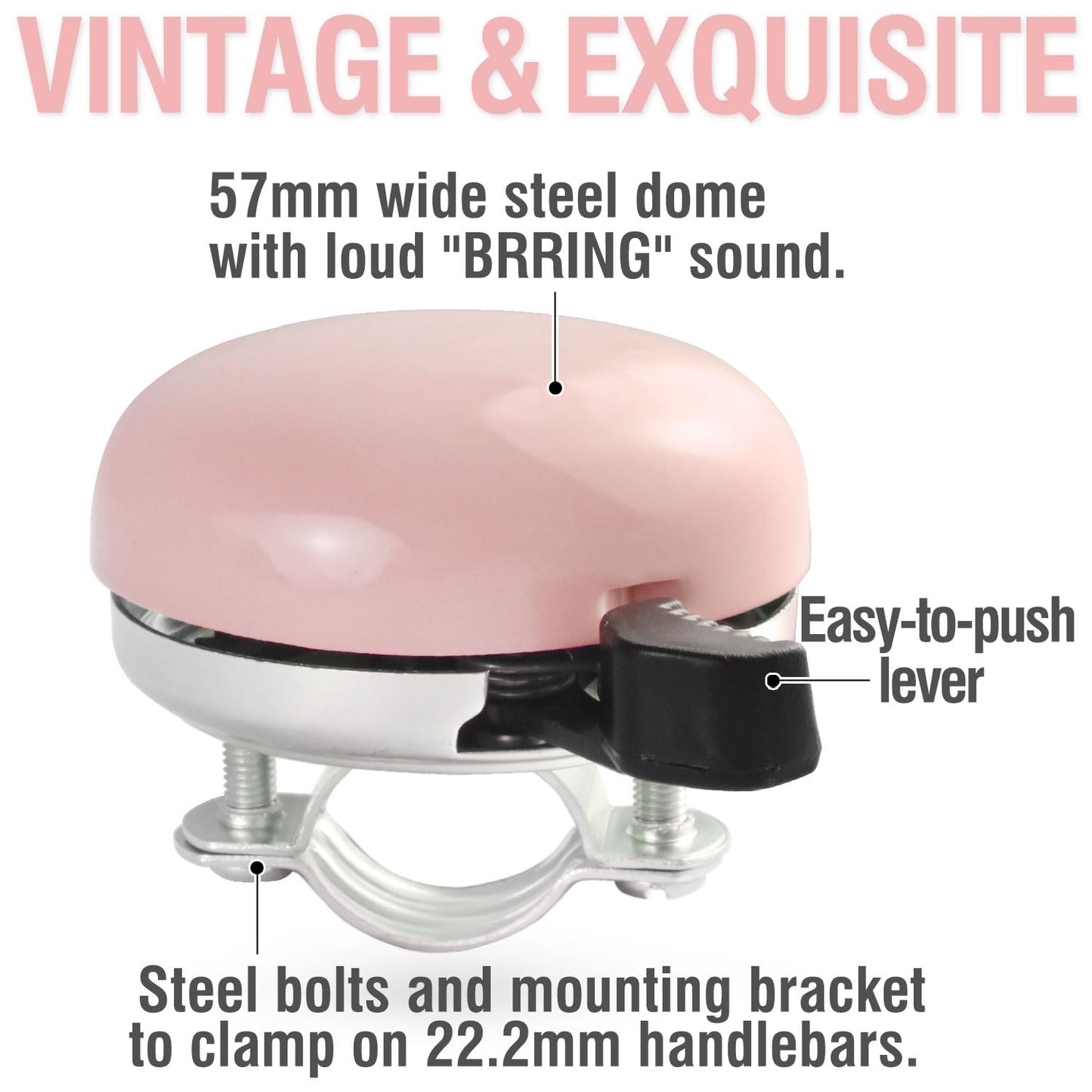 MARQUE Beach Cruiser Bike Bell – Classic Bicycle Bell Design for Adults and Kids with Traditional Ring Sound (Pink)