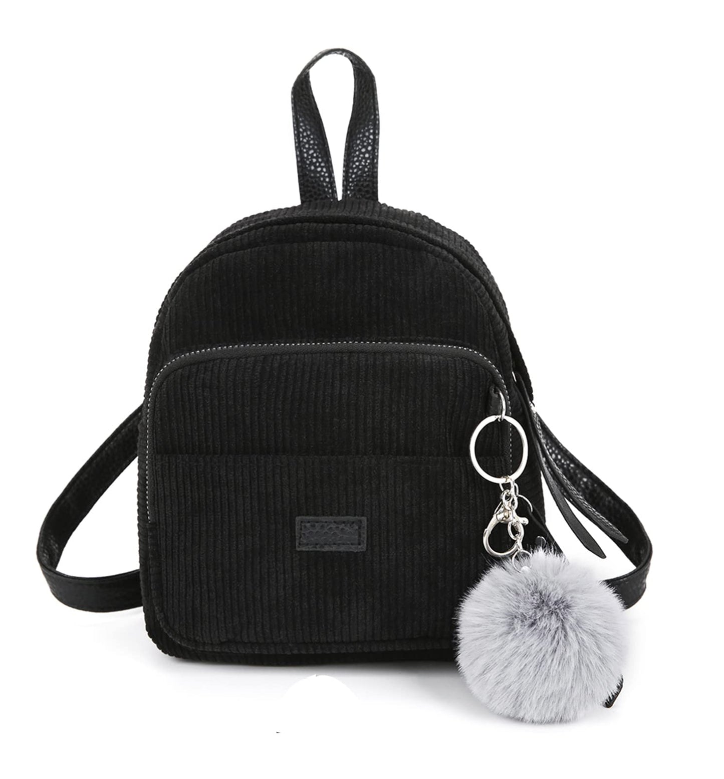 Sunwel Fashion Cute Mini Backpack 3 Way Carry Light-weight Corduroy Casual Daypack Detachable Keyring Fur Pom Pom Ball for Women (black)