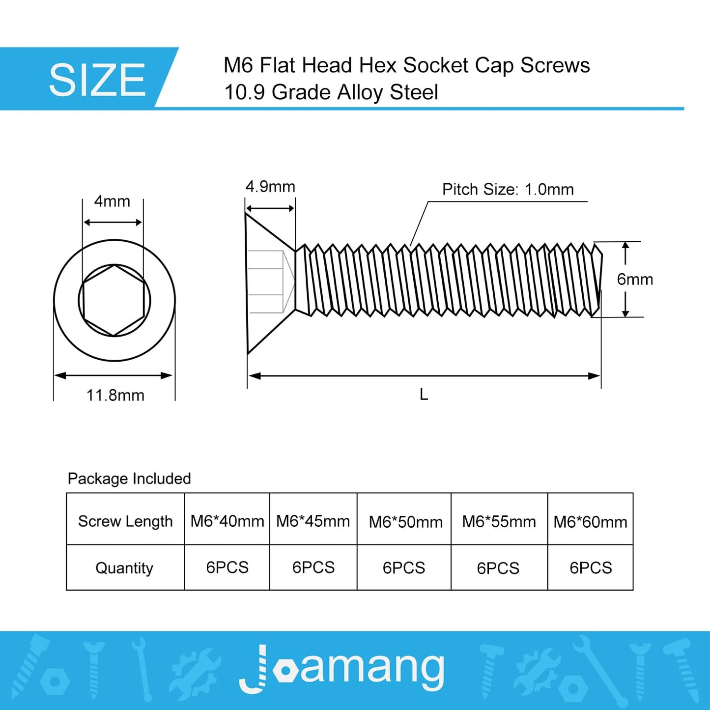Joamang M6 x 40mm 45mm 50mm 55mm 60mm Flat Head Hex Socket Cap Screws Countersunk Bolts, 10.9 Grade Alloy Steel, Black Oxide Finish, Metric Allen Drive, Fully Threaded, Assortment Kit 30Pcs