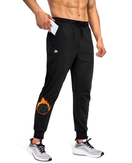 FOGFIRE Mens Fleece Lined Joggers with Zipper Pockets, Water Resistant Winter Sweatpants for Hiking, Running, Gym Black Medium