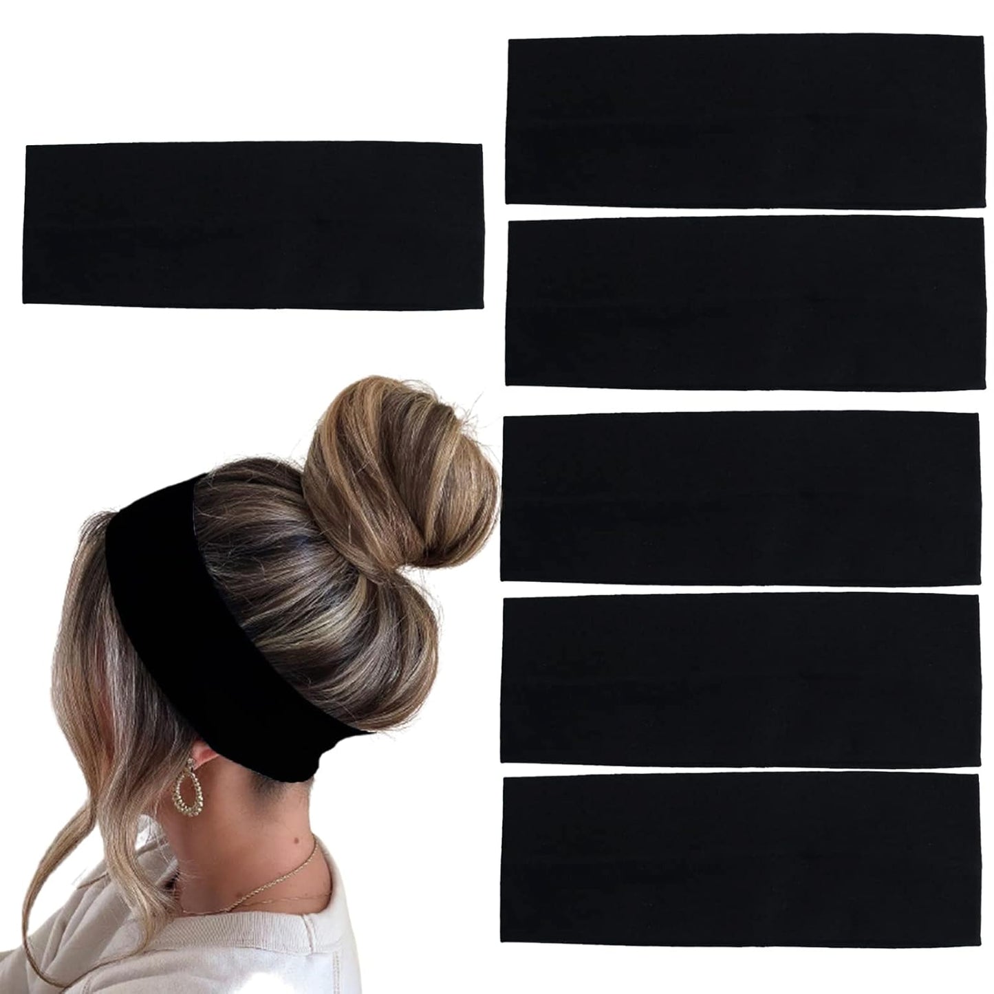 Skiennix Black Headbands for Women - Non-Slip Stretchy Cotton Hair Wraps | 6 Pcs Set