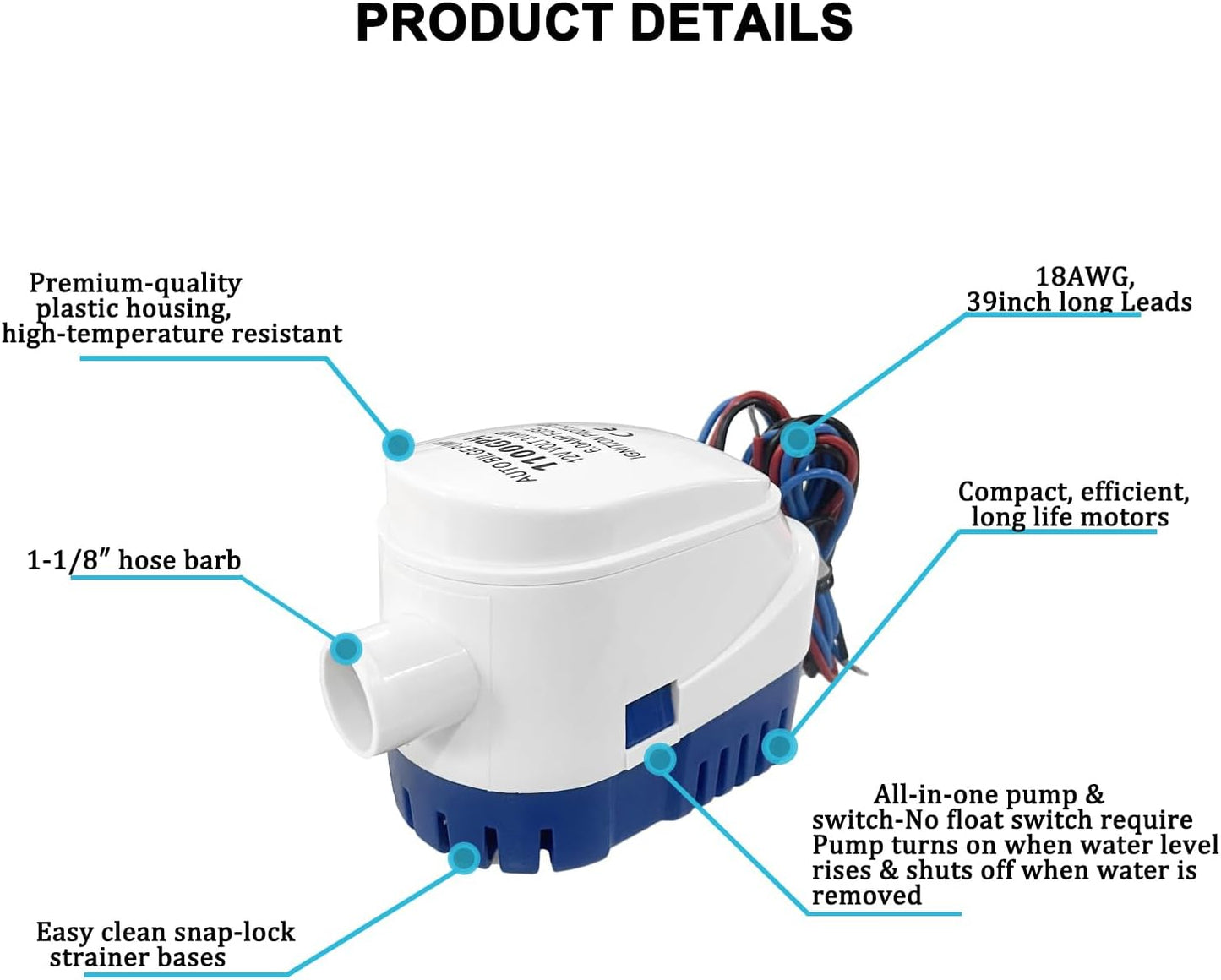 Regine Switzerland Automatic Submersible Bilge Pump - 1-1/8 Inch Dia, 12V 1100GPH with Built-in Float Switch