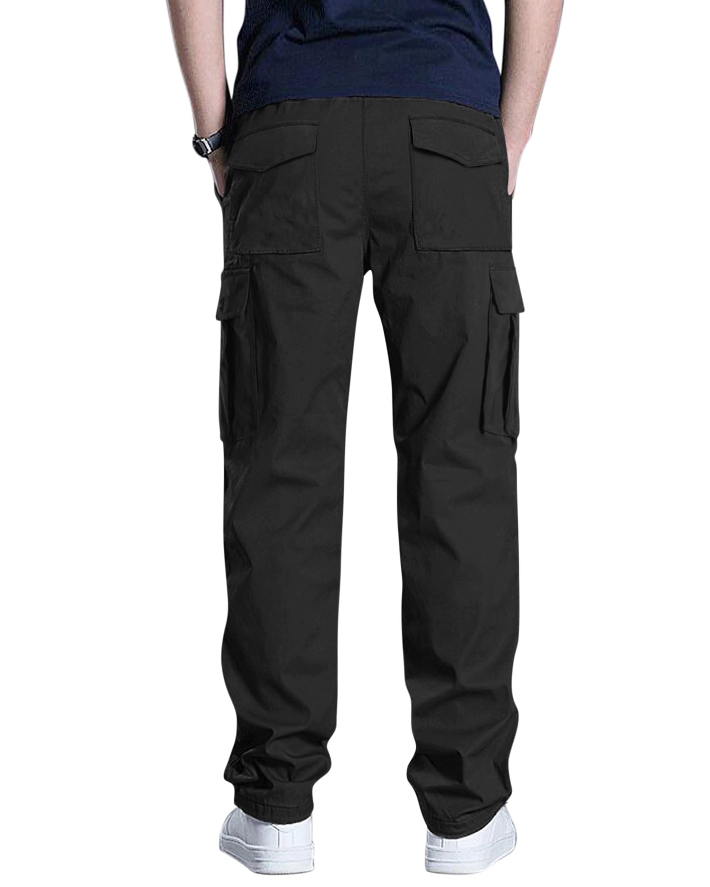 DOWMQ Men's Cargo Pants Stretch Sweatpants Elastic Drawstring Casual Workout Joggers Hiking Tactical Pants with 6 Pockets Black,L