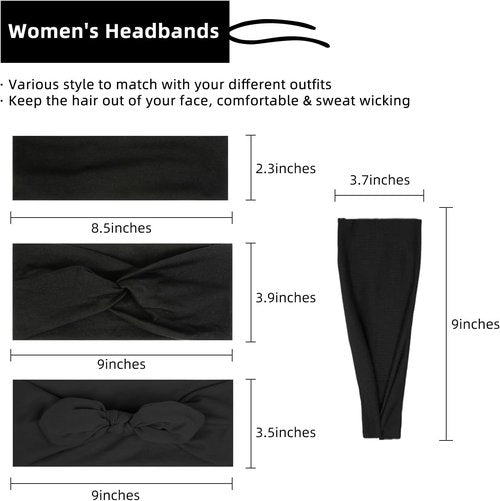 Huachi Women's Black Headbands - Non-Slip Elastic Hair Accessories for Yoga & Gym | Pack of 4 Styles