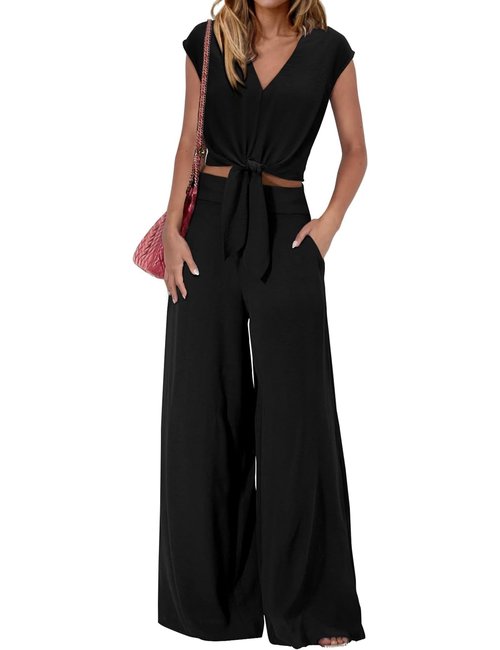 Tanou Womens Casual Summer 2 Piece Sets V Neck Cap Sleeve Strappy Top Elastic Wide Leg Pant Sets Dressy Outfits with Pockets